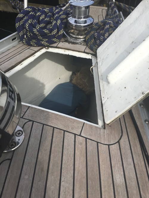 Ludvig på arbejde i ankerrummet - han passer bedre derned end kaptajnen